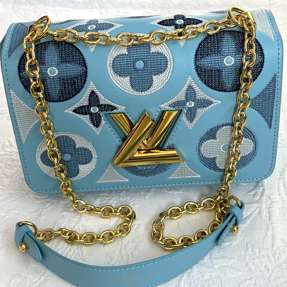 Louis Vuitton Light Blue Monogram Chain Crossbody Bag with Gold Hardware